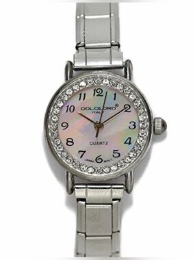 DOLCEORO Italian Mother-of-Pearl Crystal Accent Charm Bracelet Watch Silver